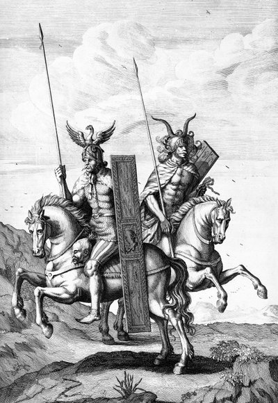 Tyske troopers med deres hjelmer, skjold og lanser, gravert av Cornelis Huyberts, illustrasjon til 